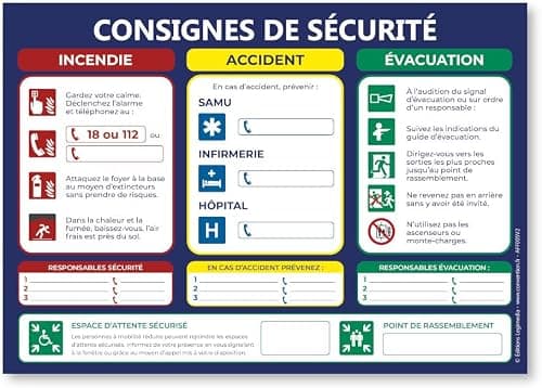 Panneau consignes de sécurité en entreprise, plastifié et effaçable